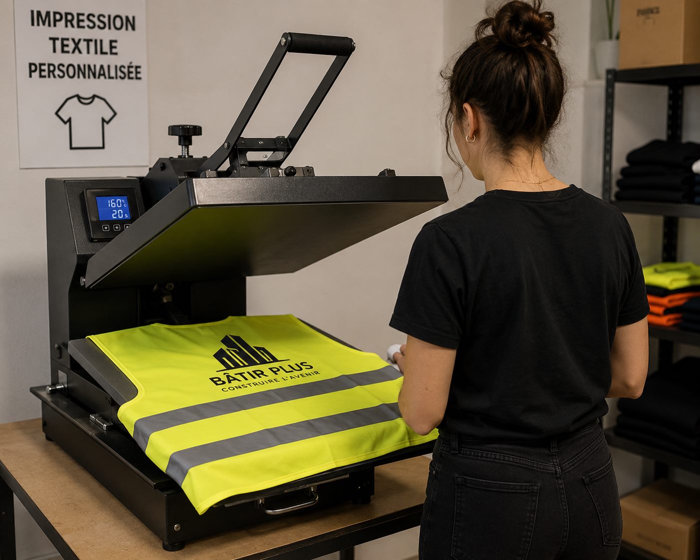 Impression d'un logo d'entreprise sur un gilet de sécurité jaune fluo à la presse à chaud, dans un atelier de personnalisation textile