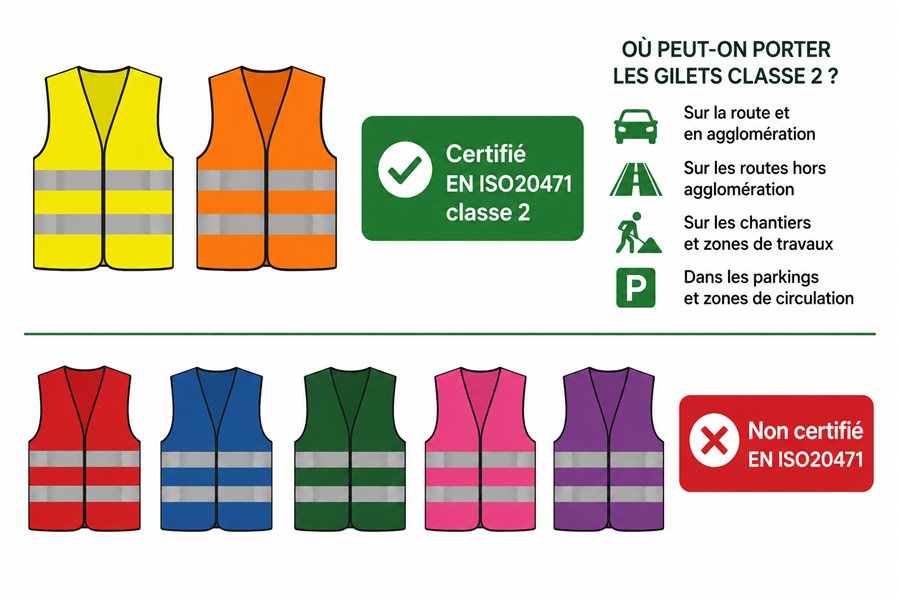 Réglementation des gilets de sécurité classe 2 : jaune et orange fluo certifiés EN ISO 20471, autres coloris non certifiés, et cas d'usage légaux (route, chantier, parking)