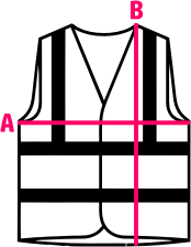 Schéma d'un gilet de sécurité avec les repères de mesure A (largeur) et B (hauteur)